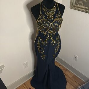 Vernassa beaded sequin fitted silhouette sleeveless dark blue gold long dress 8